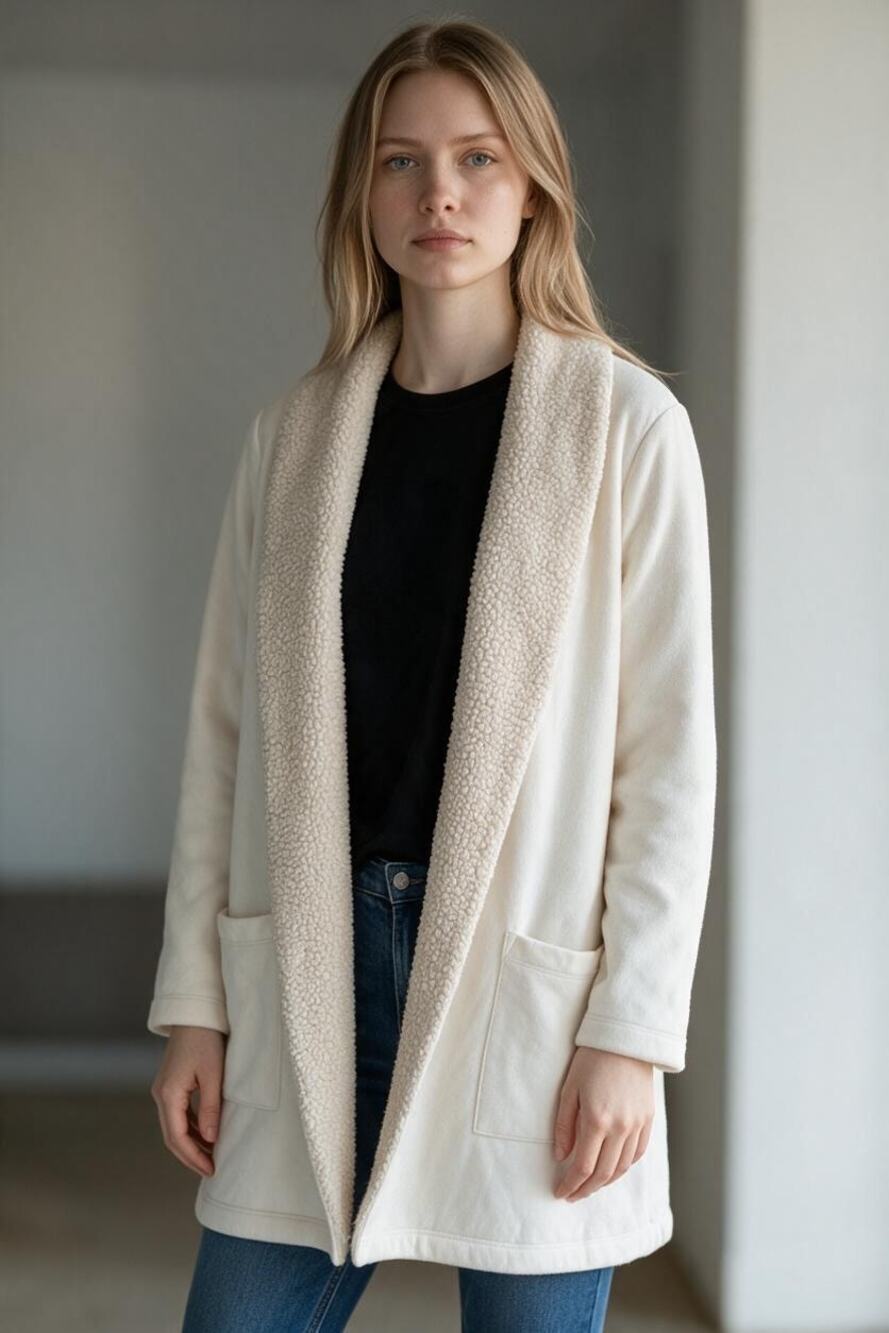 EDDIE BAUER Sweater Size S Cream Cardigan Open w/ Pockets Fleece Lined
